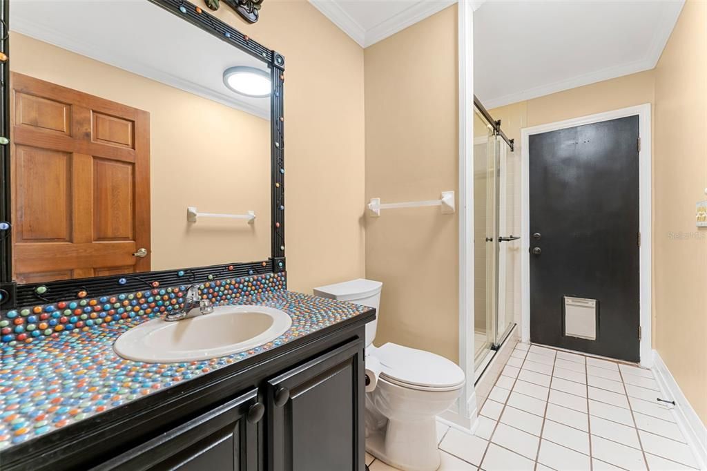 First Floor Guest Bathroom, with door to the exterior (pool bath)