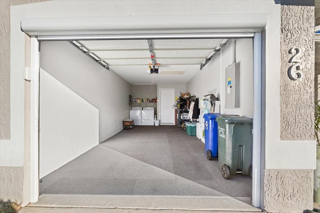 Is this not the cleanest most organized garage you've ever seen? Fits an SUV easily. And the washer and dryer DO convey to the new owners. You're welcome.