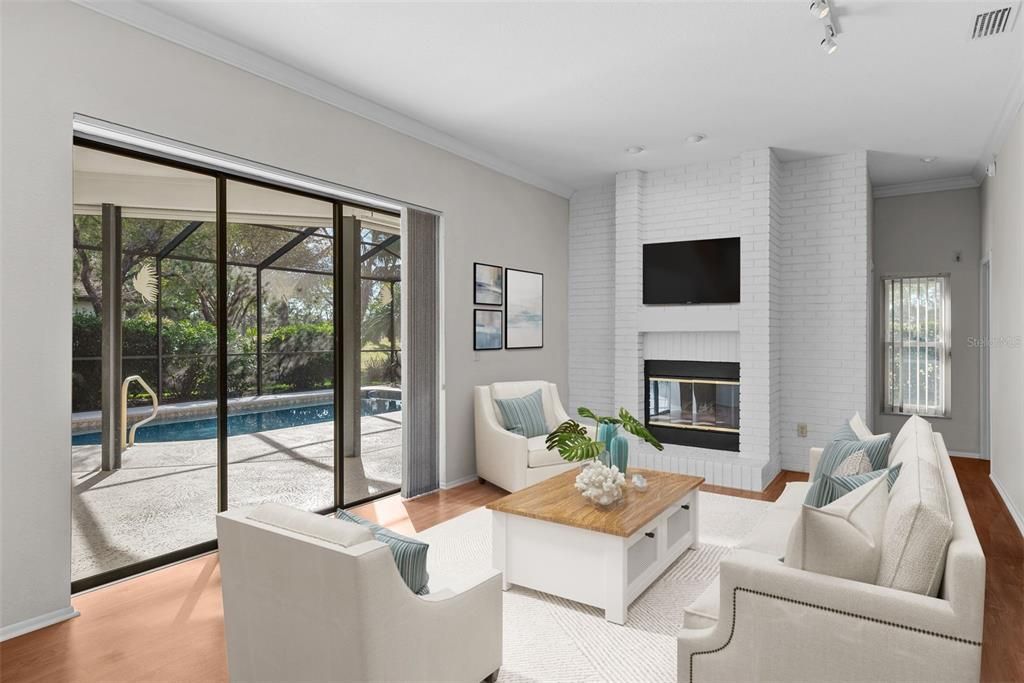 Family room with view of pool