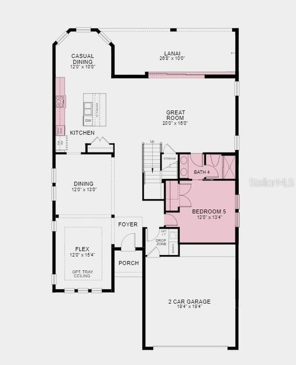 First Floor Plan - Structural options added include; Gourmet kitchen, tray ceilings at flex space and primary suite, 5th bedroom and 4th bathroom, shower at bath 4, pocket sliding door, 8' interior doors, pre-plum for future laundry sink, and outdoor kitchen rough-in