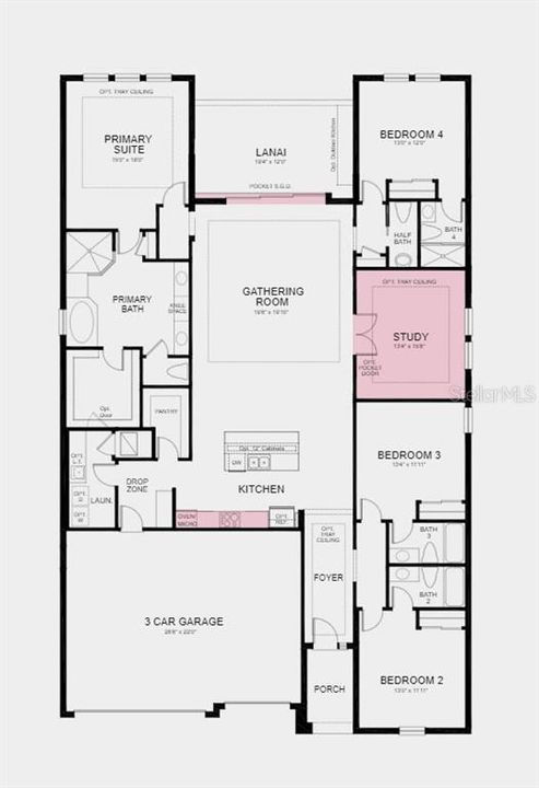 Structural options include: Gourmet kitchen, study, and pocket slider.