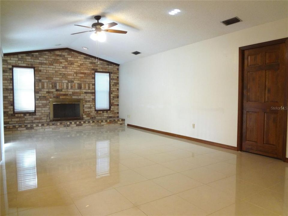 family room and fireplace