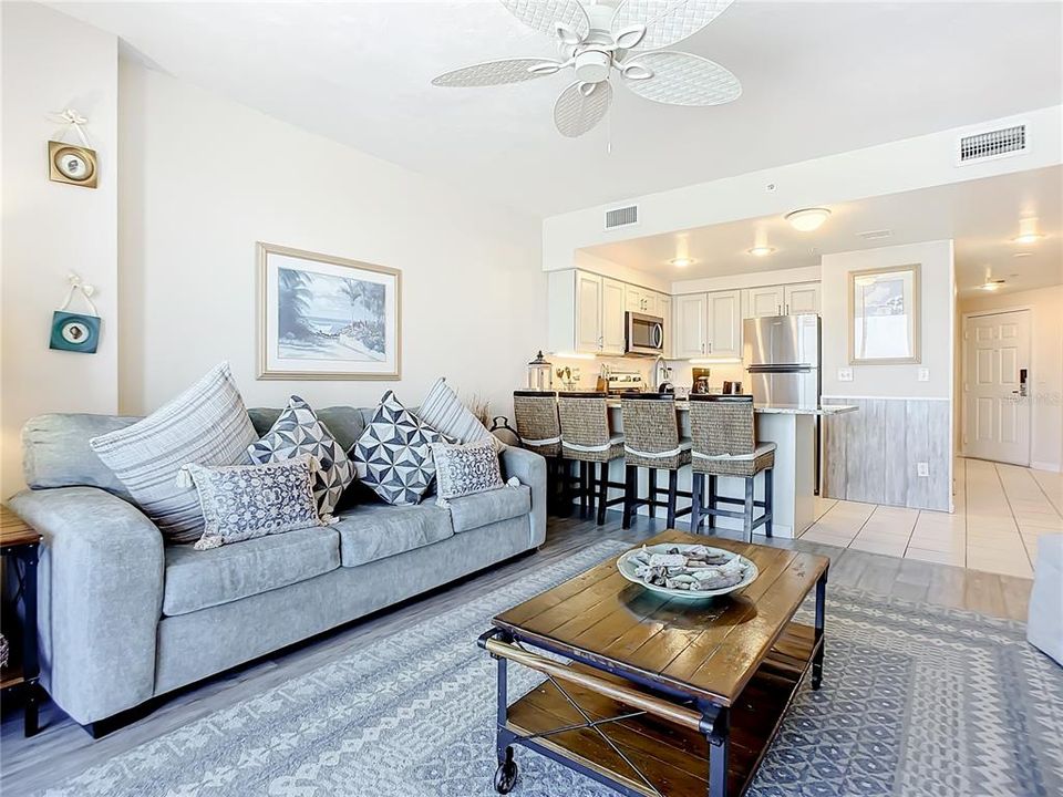 Living room open to the kitchen area