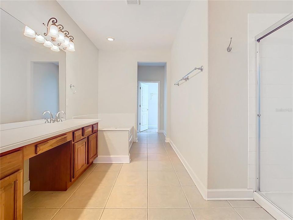 A wonderful sized bathroom with a garden tub, separate shower stall, water closet, linen closet, and walk-in closet.