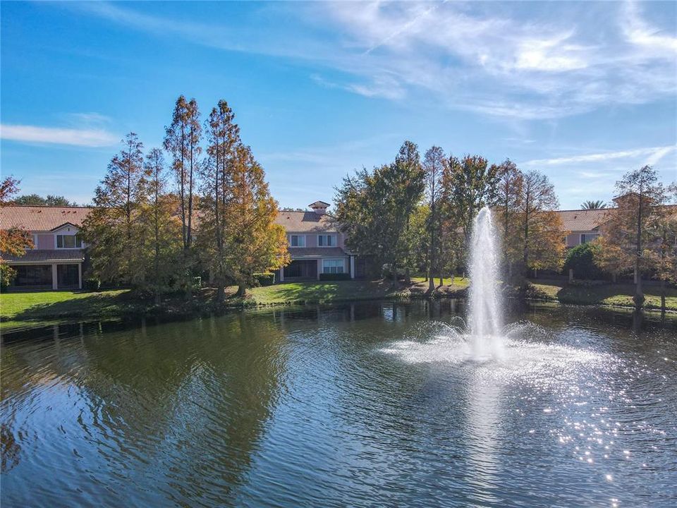 A view of the pond and fountain near the property.