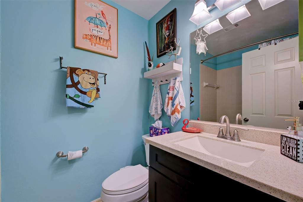 The guest bathroom with shower and tub.