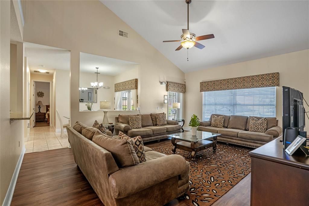 Family room with soaring ceilings