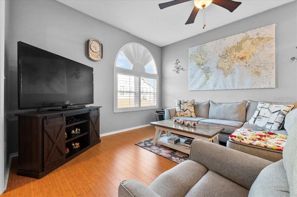 Ahhh, the Living Room! Relax in style in this open space with luxury solid bamboo flooring and a bright arched window. High ceilings throughout the home make this space seem even larger and airier.