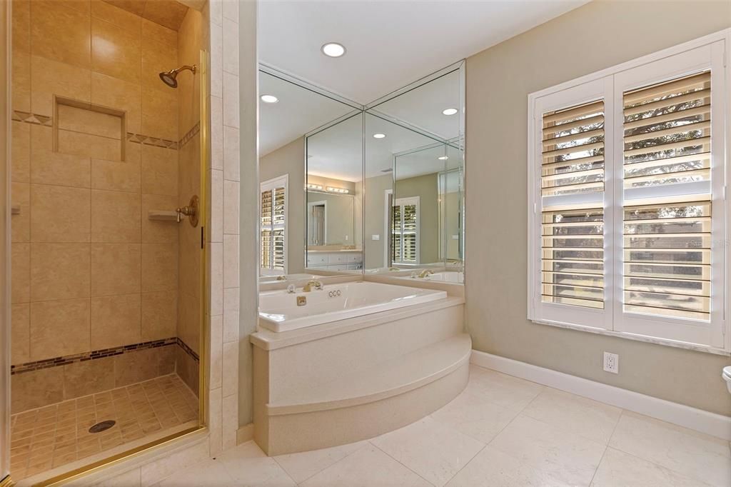 Primary bathroom with spa tub and stand-alone shower