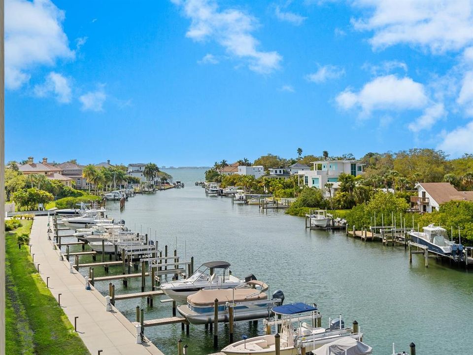 The Strand's boat docks leading out to Sarasota Bay