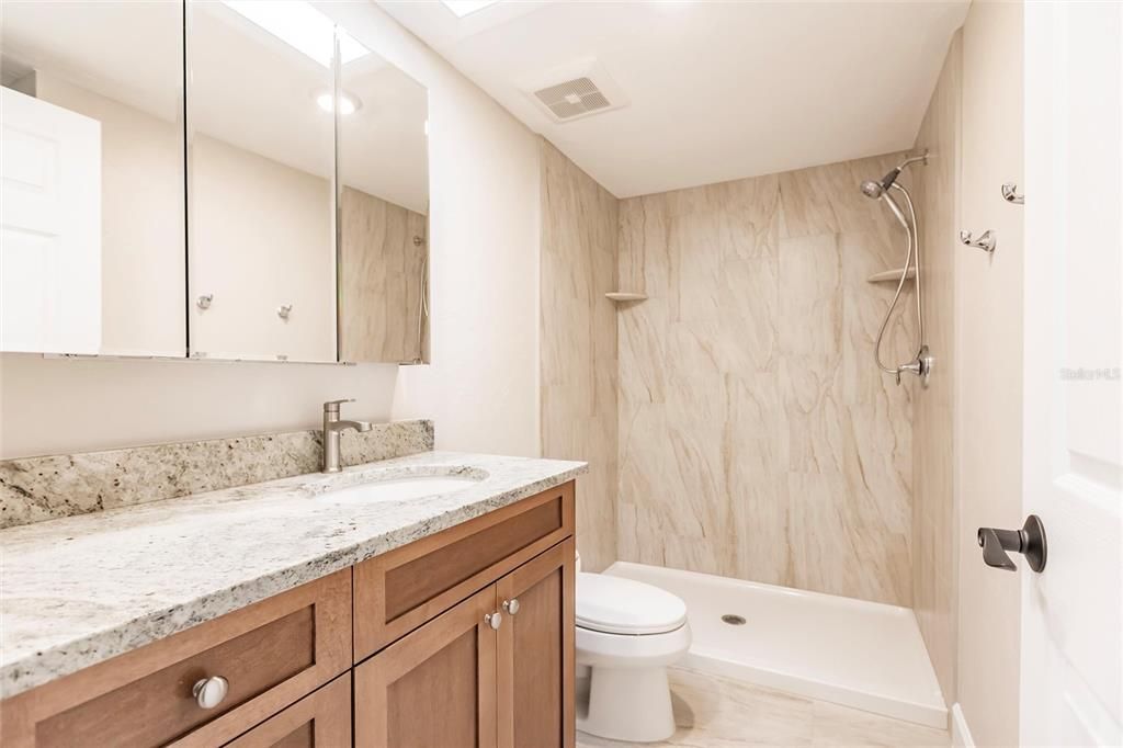 Newly remodeled bath with granite counters, toilet and low step-in shower!