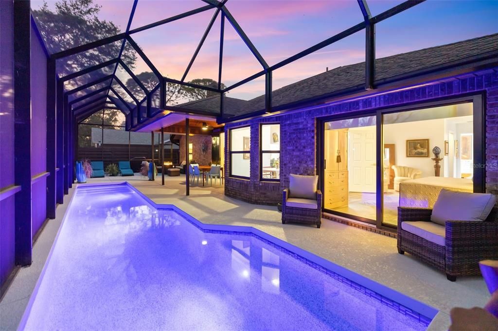 In the evenings, enjoy the color changing pool lights