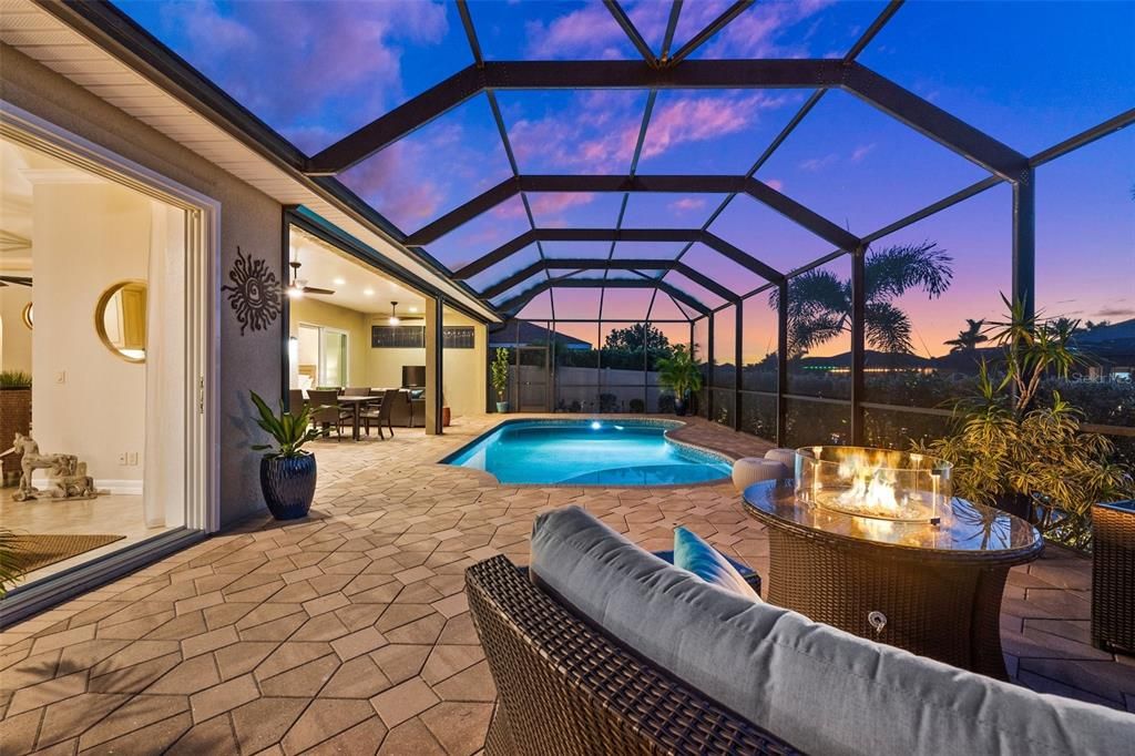 Sitting area and Pool in the evening