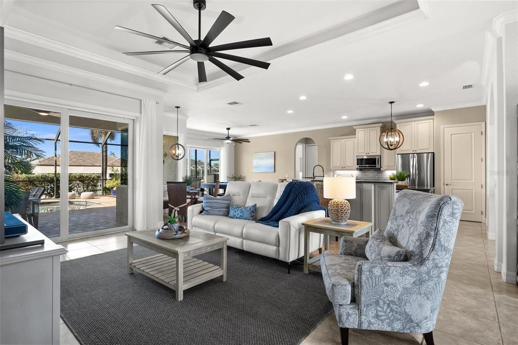 Living Room with Tray Ceiling