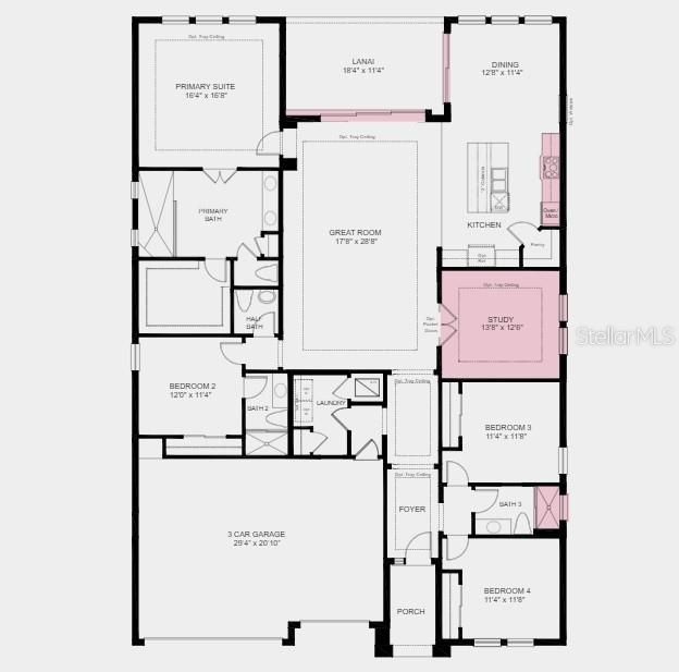 Main Floor Plan - Structural options added: Tray ceiling package, gourmet kitchen with island knee wall cabinets, study with pocket doors, sliding glass doors at dining room, impact windows and shower at bath 3