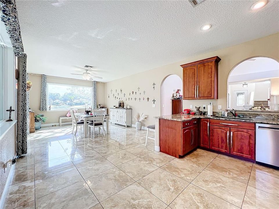 Kitchen into family room being used as a dining area