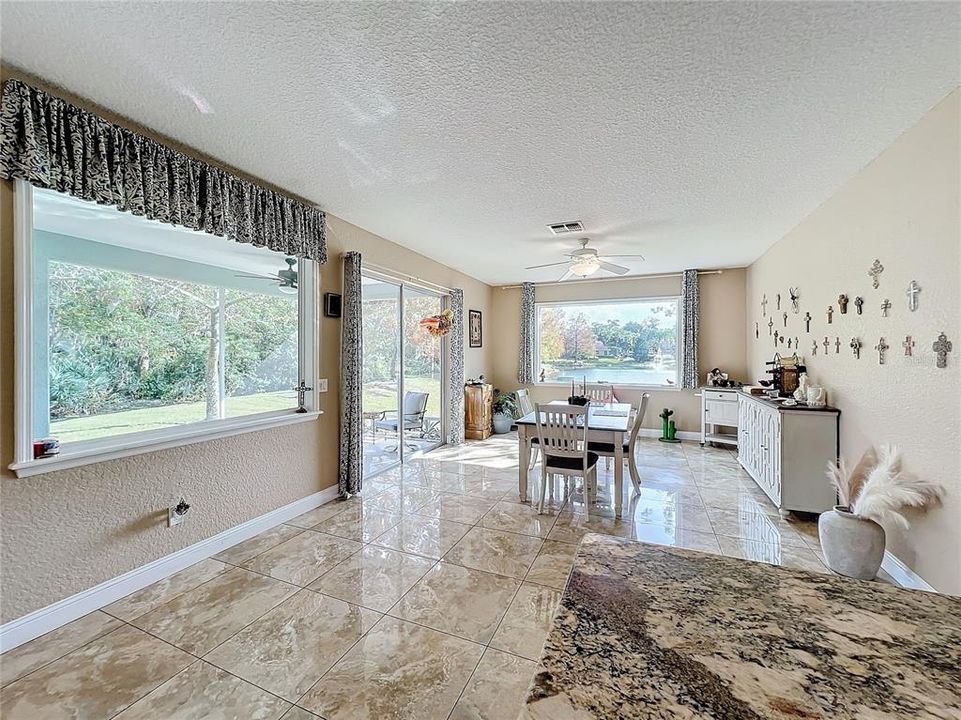 Kitchen into family room used as dining area