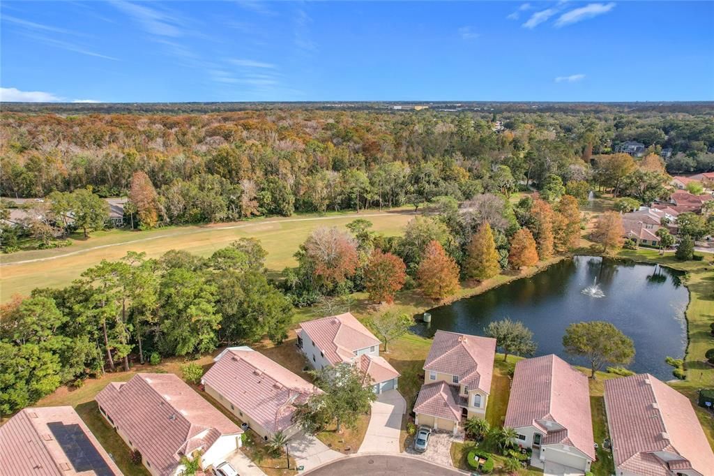 Drone view of house with pond and golf course