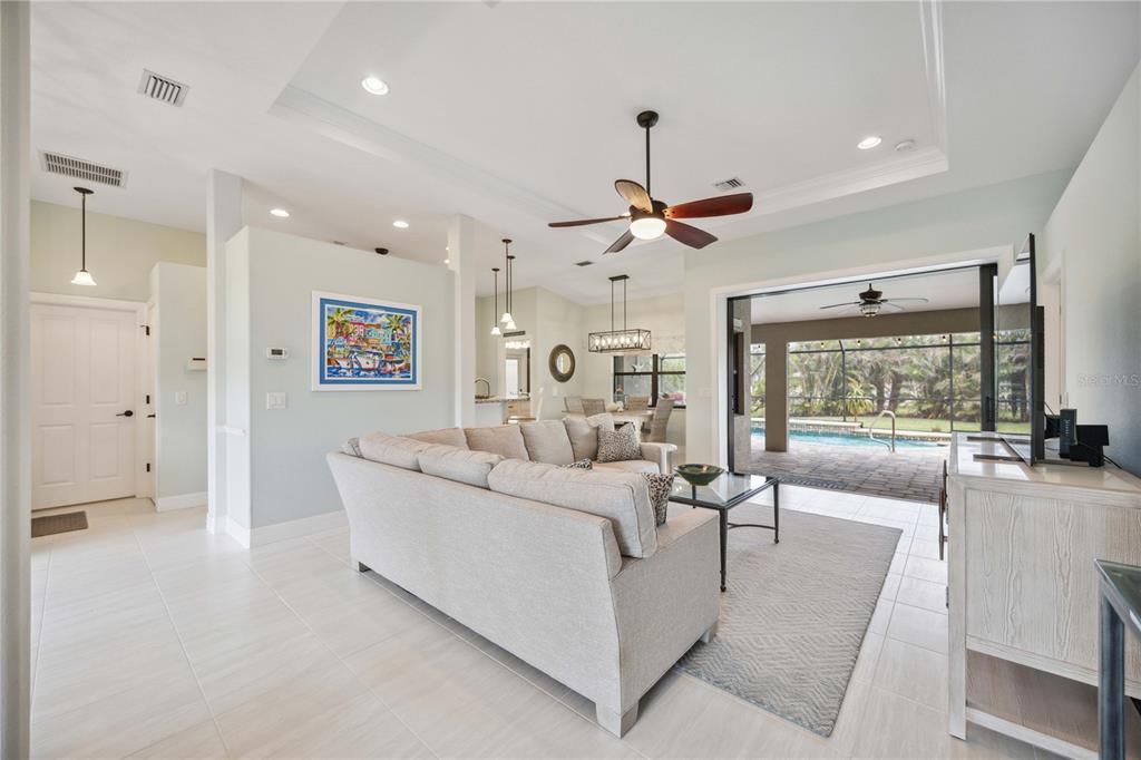 Living room with pool view