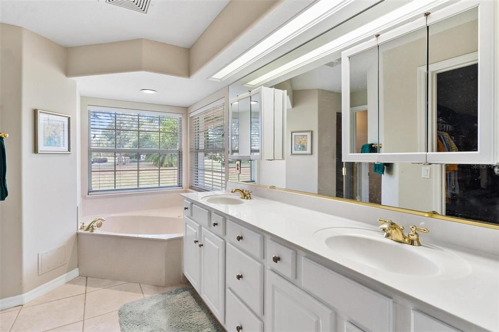 Primary bathroom features double vanity sinks, jacuzzi tub, walk in shower, and walk in closet.