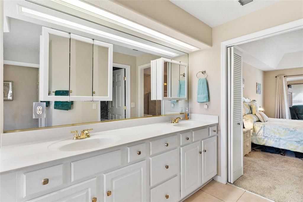 Primary bathroom features double vanity sinks, jacuzzi tub, walk in shower, and walk in closet.