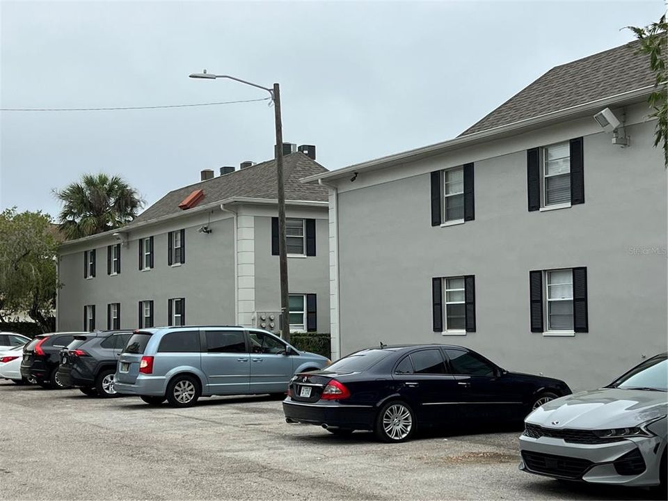 Back view of building and parking lot