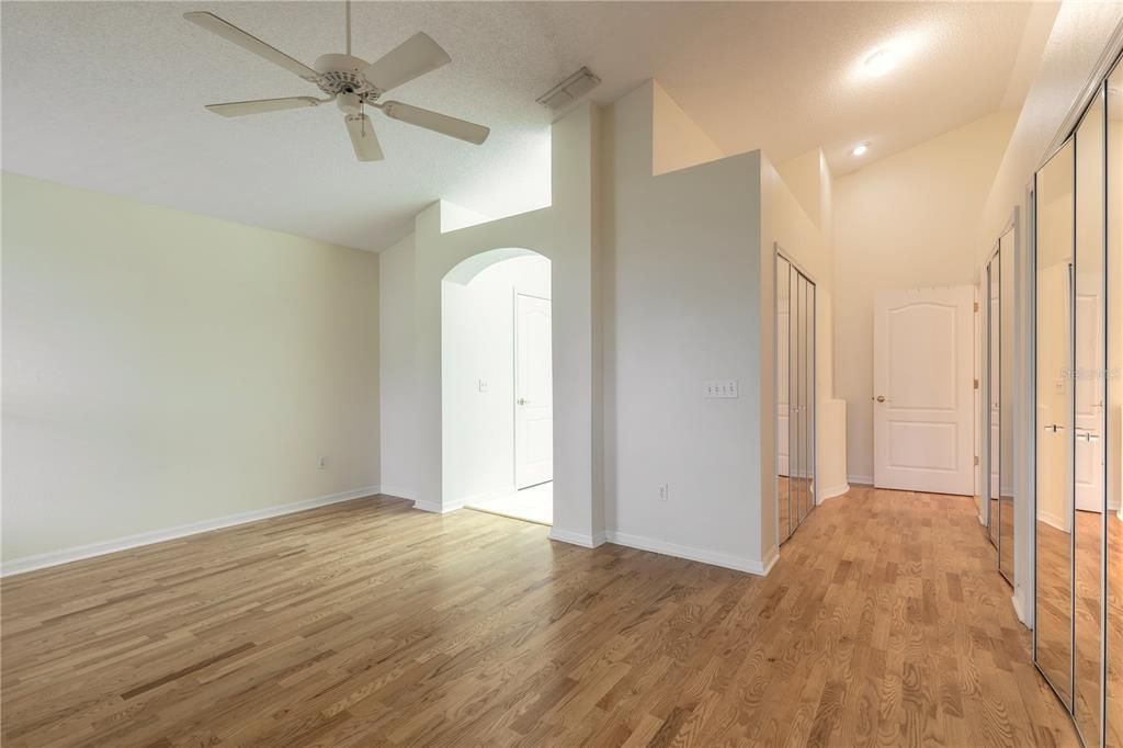 Primary bath on left, closets to right