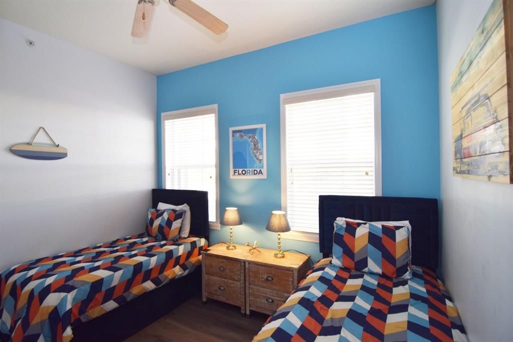 Bedroom 3 is a surf-themed twin room