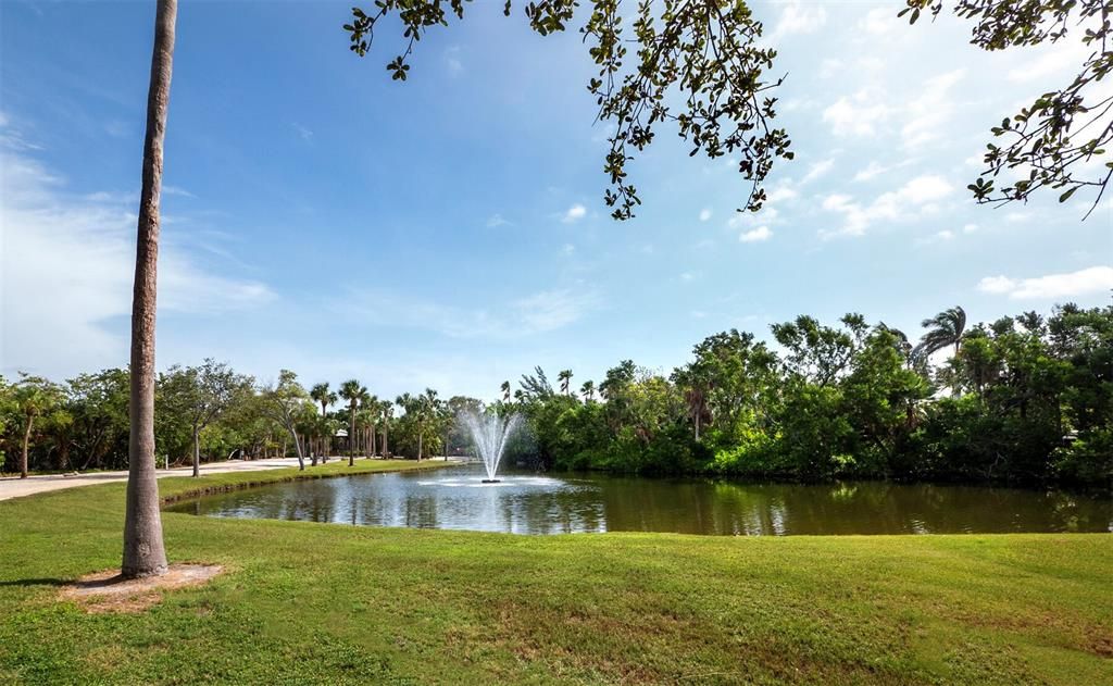 The park's peaceful pond with fountain.