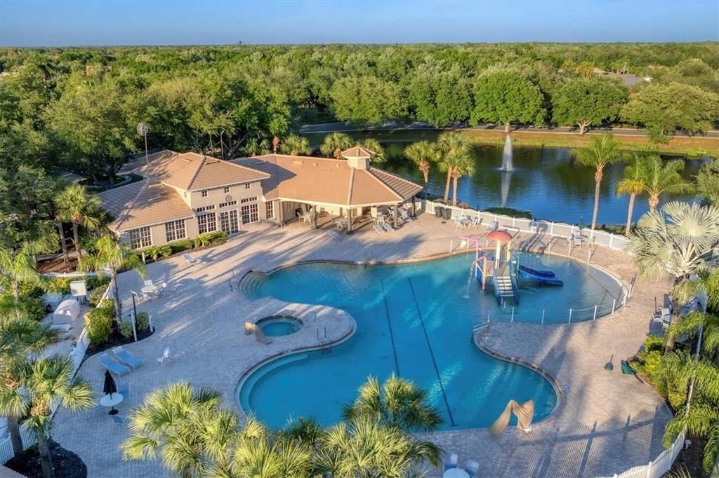 Ariel view of Greyhawk Landing East community pool, with fitness center and gym.