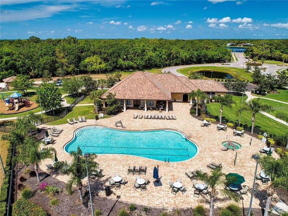 Ariel view of Greyhawk Landing East community pool, with fitness center and gym.