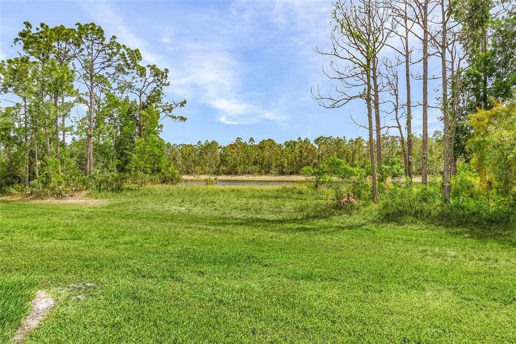 ack yard, view of lake, you can plant flowers within the barked area.