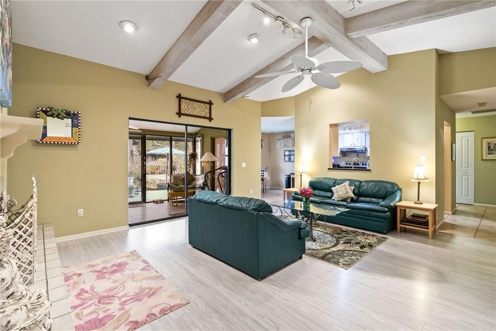 Open living room with cathedral ceilings