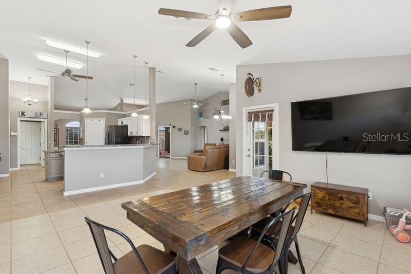 Family room area looking into kitchen, dinette