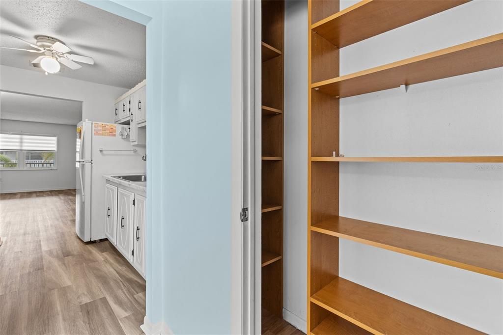 storage closet with designer shelving in sunroom