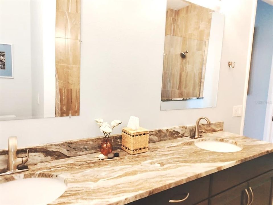 Master bathroom with with granite vanity and dual sinks