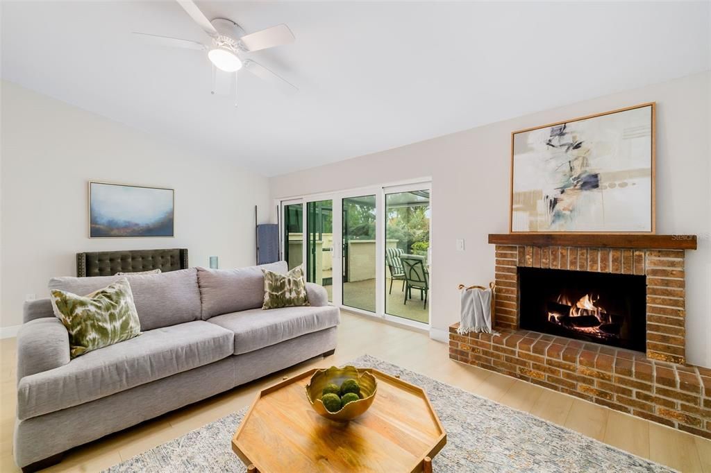 Fire place and sliding doors leading to lanai