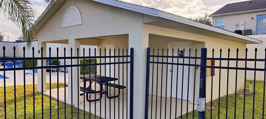 Pool Picnic table and rest rooms