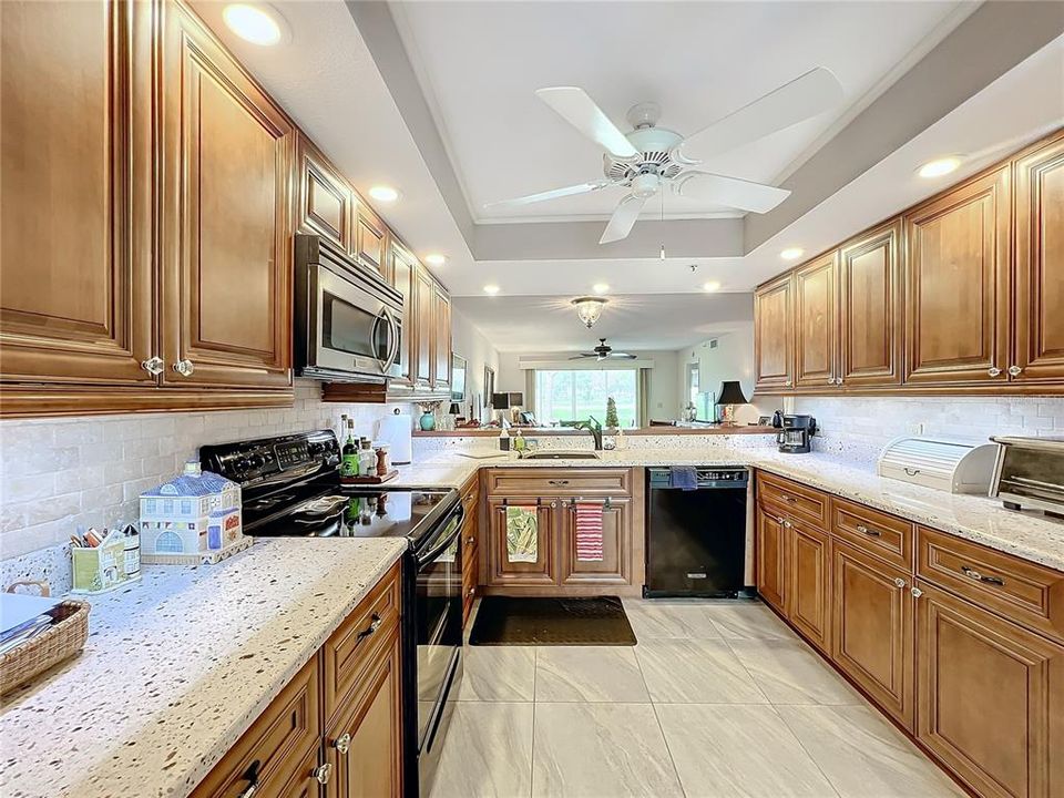 kitchen counter opens to dining and main living spaces