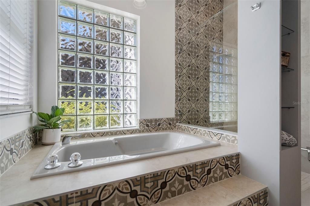 bath tub with glass block detail