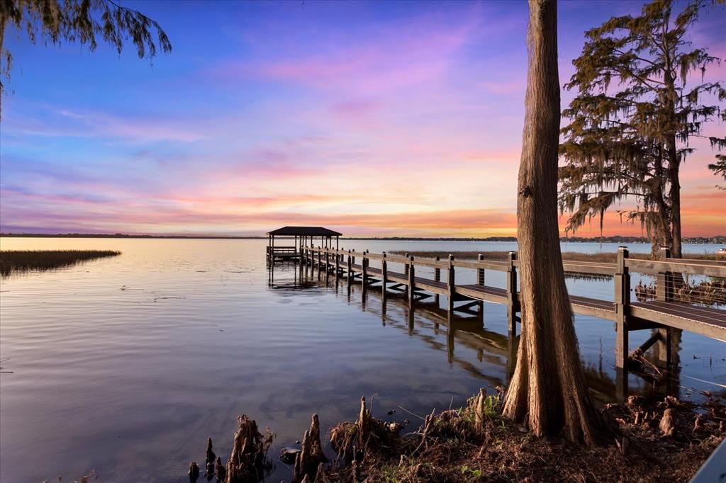 Dock and boat house at twilight