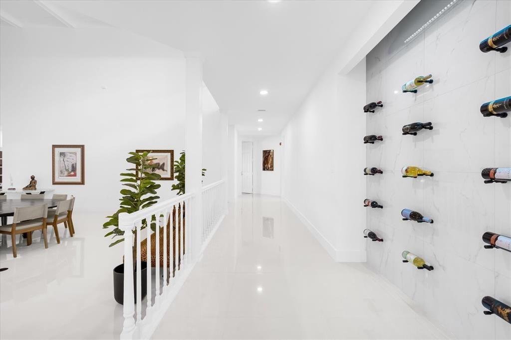 Wine wall and hallway along Dining Room