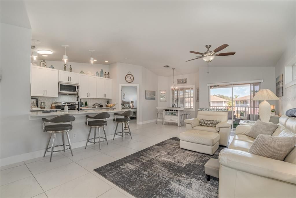 Open concept with high ceilings .