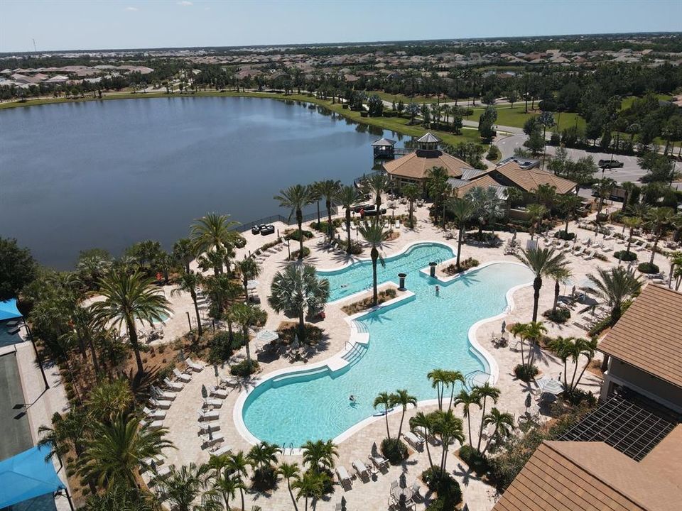 Aerial view of main amenity area pickle ball courts