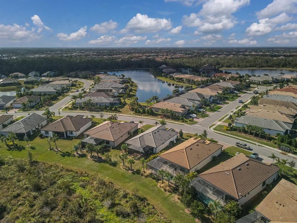 Aerial view of main amenity area w/Bocce ball courts