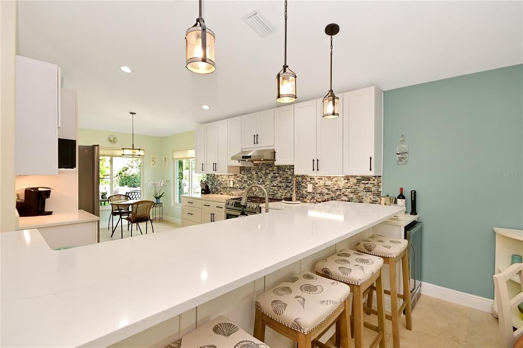 Lincoln Quarter Counters and extra cabinet storage behind raised bar.