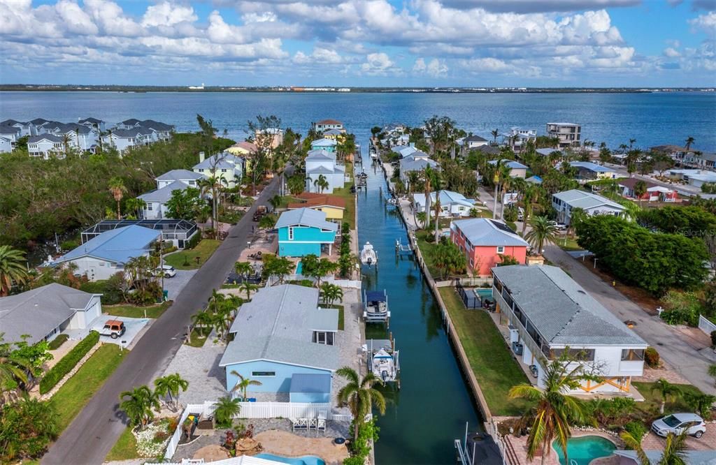 Aerial view of home on canal