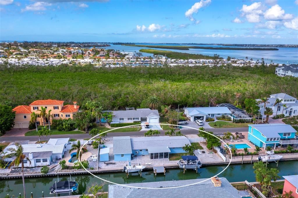 Aerial view of home on canal