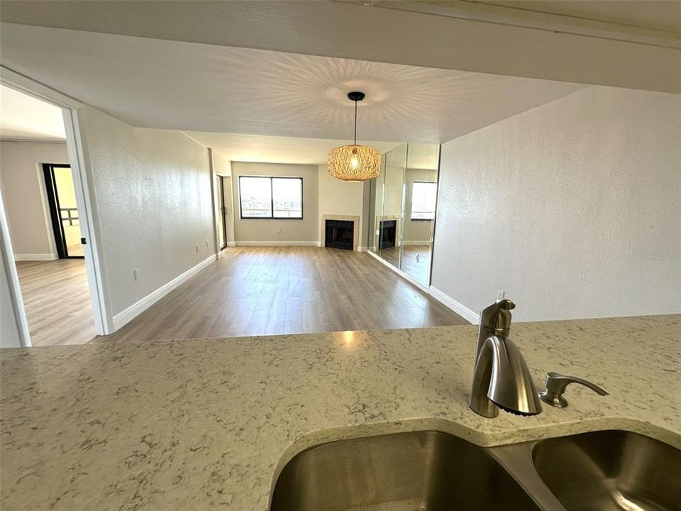 Kitchen looking out to dining/living areas