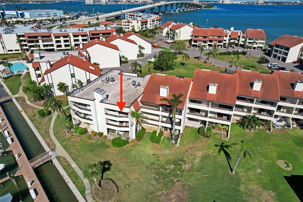 Exterior view back of buildings facing the waterfront